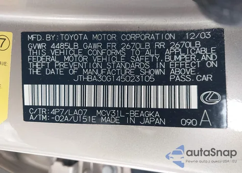 2004 Lexus Es 330 z USA, uszkodzony, nr VIN JTHBA30G145023105